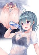 drawing blushing color large_breasts wet purple_hair red_eyes blue_hair purple_eyes smiling short_hair shrunken_man ahoge inside_clothing no_background water_bottle between_breasts magibellen wet_t-shirt