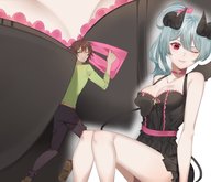drawing gentle horns tail color clothed green_eyes blue_hair brunette dress pink_eyes collar shrunken_man thighs winking looking_at_tiny bare_legs between_breasts magibellen