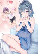 blushing wings large_breasts handheld cleavage blue_hair fairy short_hair sitting shrunken_man ahoge blowing no_background one_eye_closed magibellen