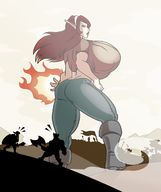 drawing giantess long_hair huge_breasts brunette fire looking_down outdoors looking_back pointed_ears winterwarning