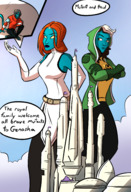 breasts drawing giantess tail mega black_hair color claws handheld green_eyes brunette castle yellow_eyes gloves red_hair blue_skin giantesses jacket costume belt x-men hood looking_at_tiny mystique nightcrawler marvel_comics caiman2 rogue_(x-men) earth_20052 hair_streak