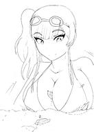 drawing monochrome large_breasts destruction water smiling looking_down outdoors ships goggles iodain between_breasts sidetail