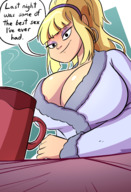 drawing gentle blonde color long_hair huge_breasts low_angle smiling ponytail disney earrings dialogue gravity_falls mug pacifica_northwest picjusbro