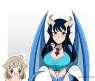 drawing blushing horns wings black_hair large_breasts long_hair smiling shrunken_man no_background between_breasts jackiedrache