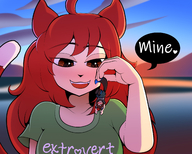 drawing gentle blushing color clothed handheld brown_eyes red_hair shrunken_man cat_girl outdoors sunset dialogue mspaintgts looking_at_tiny triston kitten
