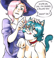 drawing vore tail long_hair blue_hair cat_ears pink_hair short_hair collar shrunken_person freckles licking_lips dialogue bell no_background witch_hat sarah_(ednem3) emily_(ednem3) ed_(ednem3) ednem