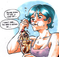 drawing blushing blue_hair sweat ice_cream short_hair eating nervous dialogue emily_(ednem3) ed_(ednem3) ednem