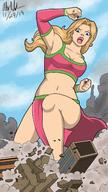 breasts drawing giantess mega blonde color large_breasts long_hair destruction rampage skirt angry looking_down fist top shouting debris thick_thighs bare_midriff alexweston45