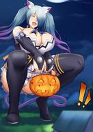 drawing giantess panties upskirt long_hair clothed cleavage blue_hair huge_breasts smiling boots twintails halloween fangs crouching closed_eyes thick_thighs pumpkin_bucket hieiriscarlet