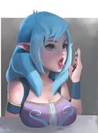 drawing large_breasts long_hair licking handheld cleavage saliva blue_hair shrunken_man open_mouth pointed_ears ankkin