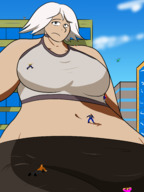 drawing giantess white_hair large_breasts buildings helicopter short_hair sitting outdoors on_stomach on_shoulder on_breasts feyzer bare_midriff