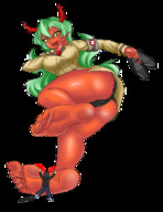 drawing panties horns upskirt color clothed toes barefoot soles anime green_eyes shoes low_angle succubus green_hair foot_crush oni demoness uniform shrunken_man nosebleed red_skin no_background migs308 looking_at_tiny scanty panty_and_stocking_with_garterbelt