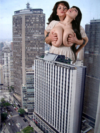 giantess collage city black_hair long_hair buildings huge_breasts lesbians giantesses outdoors closed_eyes milena_velba groping hitomi_tanaka