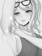 drawing blushing monochrome large_breasts glasses sweat smiling shrunken_man looking_down no_background armpits elu77