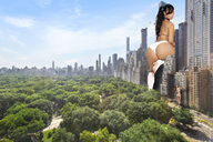 giantess collage city black_hair long_hair butt underwear multiple_sizes ponytail boots giantesses outdoors looking_back manuel