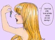 drawing blonde long_hair smiling shrunken_man between_fingers dialogue no_background pinched reyetso