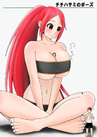 drawing giantess blushing color long_hair huge_breasts red_hair ponytail sitting nintendo legs_crossed no_background orenji between_breasts ring_fit_adventure tipp