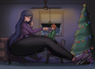 drawing large_breasts glasses smiling christmas mini_giantess sitting mistletoe looking_down indoors christmas_tree thick_thighs magnaprospekt