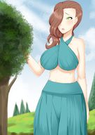 drawing giantess color large_breasts long_hair brunette smiling tree forest outdoors bare_midriff renulen57