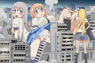 drawing giantess white_hair panties blushing upskirt long_hair huge_breasts brunette embarrassed giantesses looking_back cramped kindaichi109
