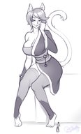 drawing tail monochrome toes barefoot cleavage huge_breasts short_hair sitting shrunken_man looking_down sheela thick_thighs no_background