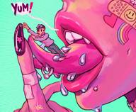 drawing giantess vore tongue saliva pink_hair uvula short_hair open_mouth rings