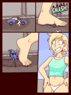 drawing giantess panties blonde comic color destruction barefoot smiling short_hair walking vehicle_crush panels jj-psychotic
