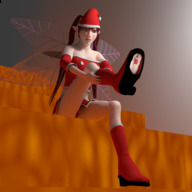 feet wings fairy in_shoe red_hair sitting twintails looking_down boot shrunken_person santa freckles digital_render matokabane