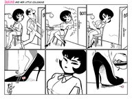 drawing comic black_hair large_breasts tongue in_shoe short_hair sitting shrunken_man looking_down shoe_crush panels typewriter guireyart10 jucika