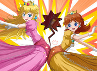 drawing blushing blonde color long_hair blue_eyes clothed brunette gloves dress short_hair crown shrunken_man looking_back commission princess_daisy collision between_butts butts crowns thedaibijin long_gloves nightingale122 leon_takayashi