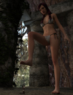 bikini long_hair barefoot brunette kneeling shrunken_man raised_foot imminent_crush leopard_print digital_render monkeygts