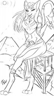 drawing giantess furry cat anthro monochrome barefoot egyptian sketch under_foot jewelry commission mirage bryan_lobdell looking_at_tiny between_breasts thesheerking