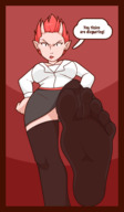 large_breasts red_hair short_hair nylons looking_down raised_foot dialogue jj-psychotic no_background pointed_ears callie_maggotbone ugly_americans