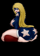 drawing blonde color long_hair butt barefoot butt_crush huge_breasts smiling fishnets looking_down pinned shrunken_person no_background viruslex