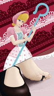 giantess blonde long_hair toes barefoot smiling shrunken_man looking_down pinned cane fedextreme toy_story bo_peep
