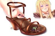 blonde long_hair toes barefoot in_shoe sandals shrunken_man cleaning choker no_background thunderafterdark