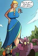 drawing giantess blonde color long_hair huge_breasts looking_down forest outdoors between_fingers braid dialogue pinched caiman2