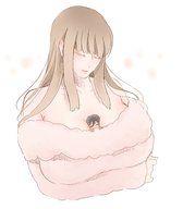drawing blushing large_breasts long_hair brunette smiling closed_eyes no_background between_breasts shikida_ss