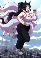 drawing giantess tail city mega color long_hair destruction cleavage buildings huge_breasts sweat fox_ears ponytail running jogging multiple_tails ecchipandaa