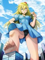 drawing giantess panties feet city upskirt blonde color blue_eyes clothed handheld toes barefoot buildings soles low_angle kyoko dress dangle vehicles outdoors sky looking_at_victims imminent_crush scar holding_vehicle eudetenis gba_gts kyokos_day