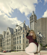 giantess collage city blonde long_hair barefoot buildings glasses outdoors looking_back big_butt tekitocreations