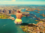 giantess collage city blonde long_hair glasses topless ponytail bbw outdoors tekitocreations