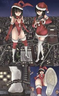 drawing giantess city black_hair long_hair destruction train smiling christmas socks boots foot_crush looking_down giantesses outdoors santa_costume raised_foot running_away arisatoya