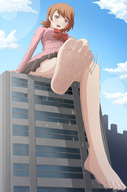 drawing giantess feet blushing city color destruction clothed barefoot skirt buildings sweat brown_eyes sitting looking_down thighs looking_at_viewer legs_crossed sitting_on_building persona thedaibijin persona_3 yukari_takeba
