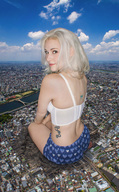 giantess collage city blonde long_hair destruction buildings smiling sitting tattoo looking_back docop