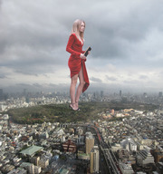 giantess collage city blonde long_hair clothed cleavage high_heels buildings walking outdoors kimberley_garner