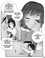 drawing blushing comic monochrome black_hair large_breasts angry smiling short_hair kissing shrunken_woman hugging closed_eyes dialogue panels digital_render