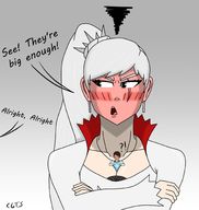 drawing white_hair blushing color cleavage angry shrunken_man arms_crossed no_background rwby weiss_schnee weiss between_breasts casualgts