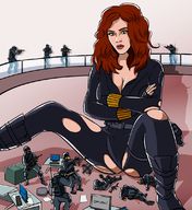 breasts drawing giantess mega color cleavage green_eyes blood red_hair sitting office looking_down belt ripped_clothing jumpsuit guns arms_crossed desks black_widow marvel_comics spuski