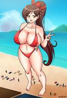 bikini drawing giantess color long_hair beach barefoot cleavage water huge_breasts brunette dakunart zuikaku